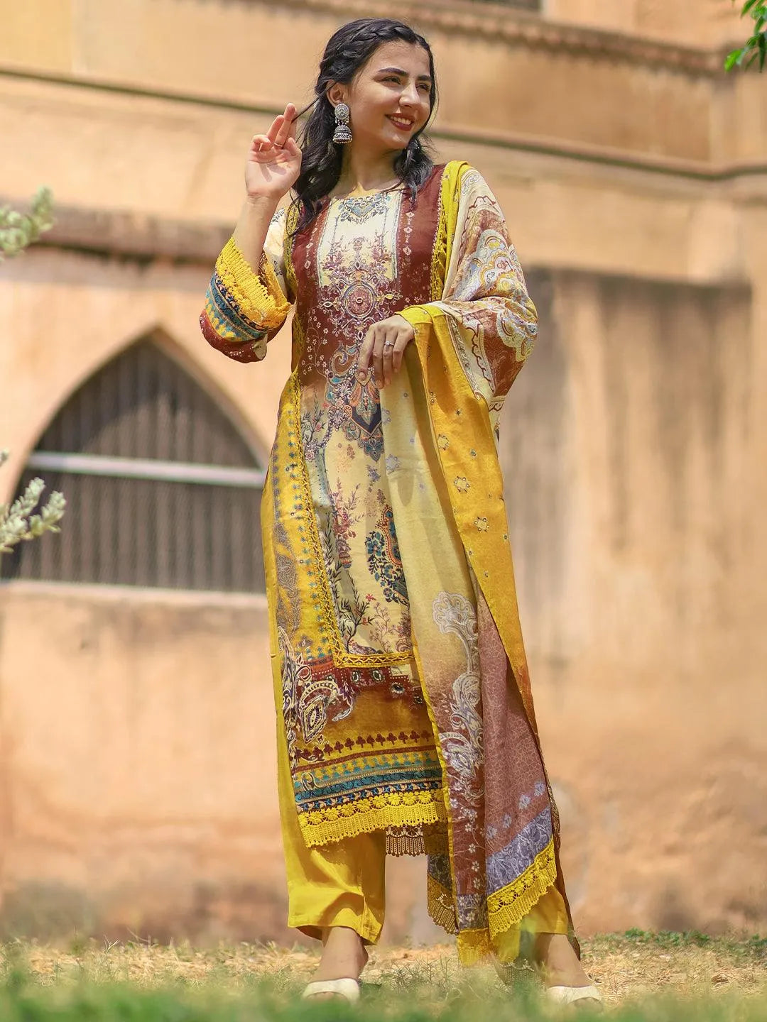 Indian Festive/Party Wear For popular Women - Yellow floral Printed Cotton Kurta With Trousers & Dupatta - Pakistani Salwar Suits - Kurta Palazzo