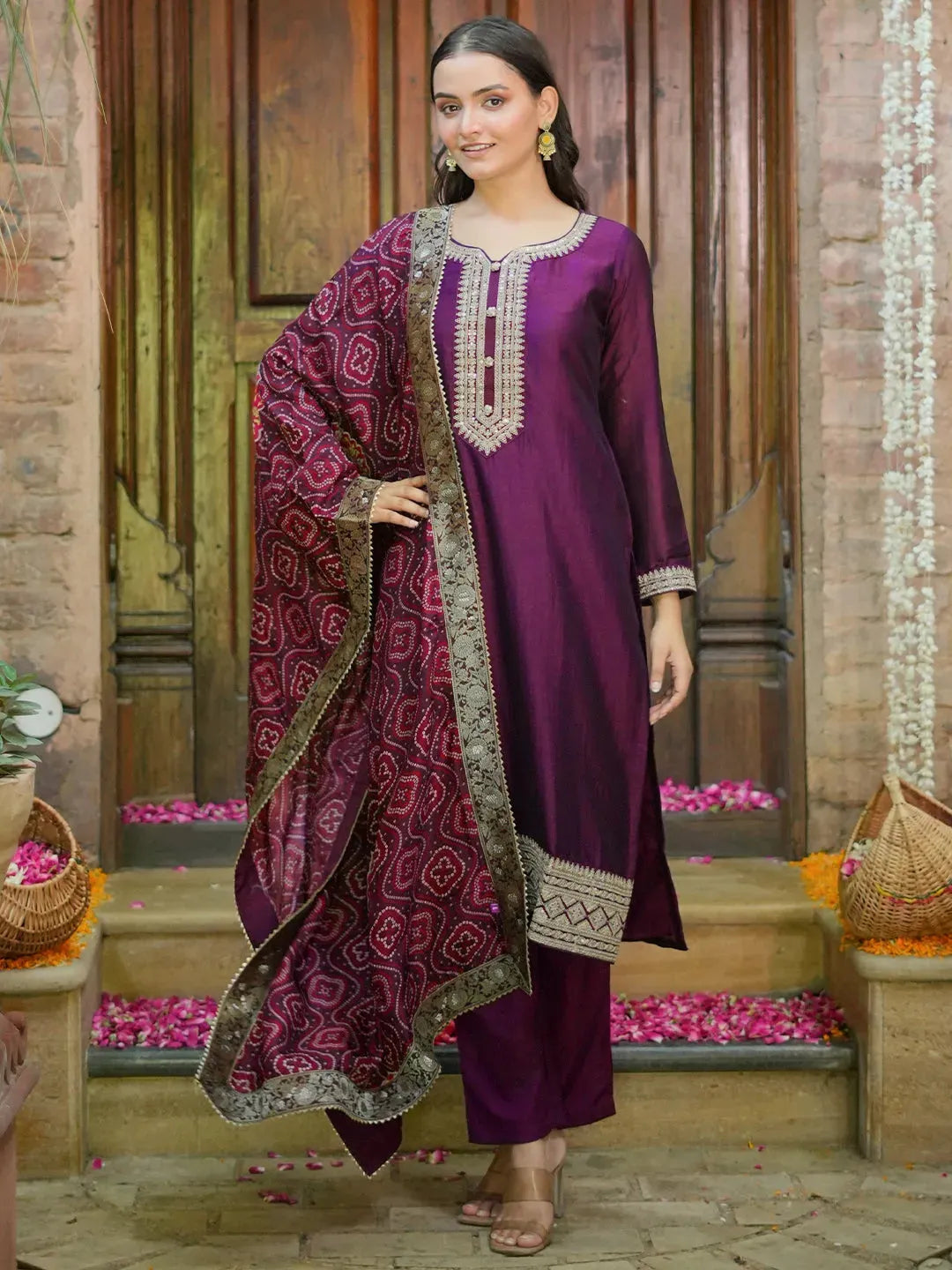 Buy Wine Embroidered Silk Blend Straight Suit With Dupatta Online at Rs.2219 Libas