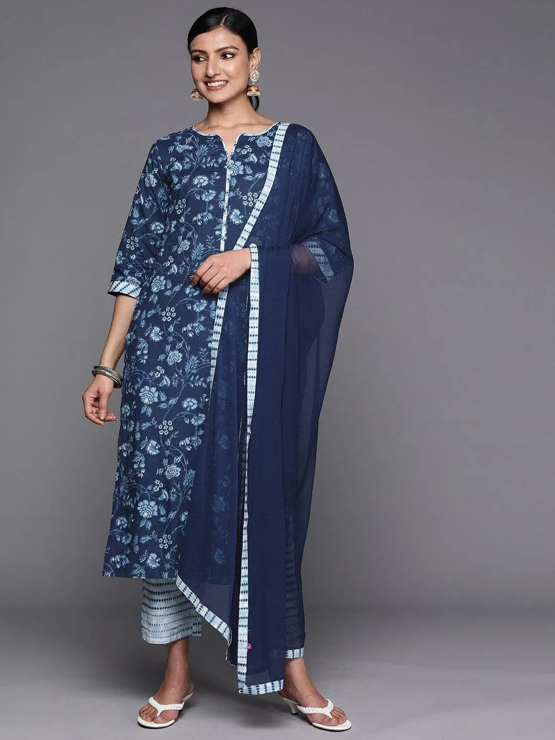 Buy Blue Printed Cotton Straight Kurta With Trousers & Dupatta