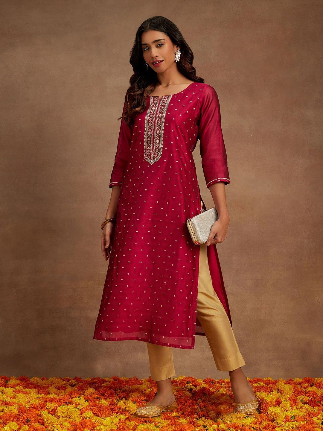 Buy Fuchsia Chanderi Silk Woven Design Kurta Online at Rs.813