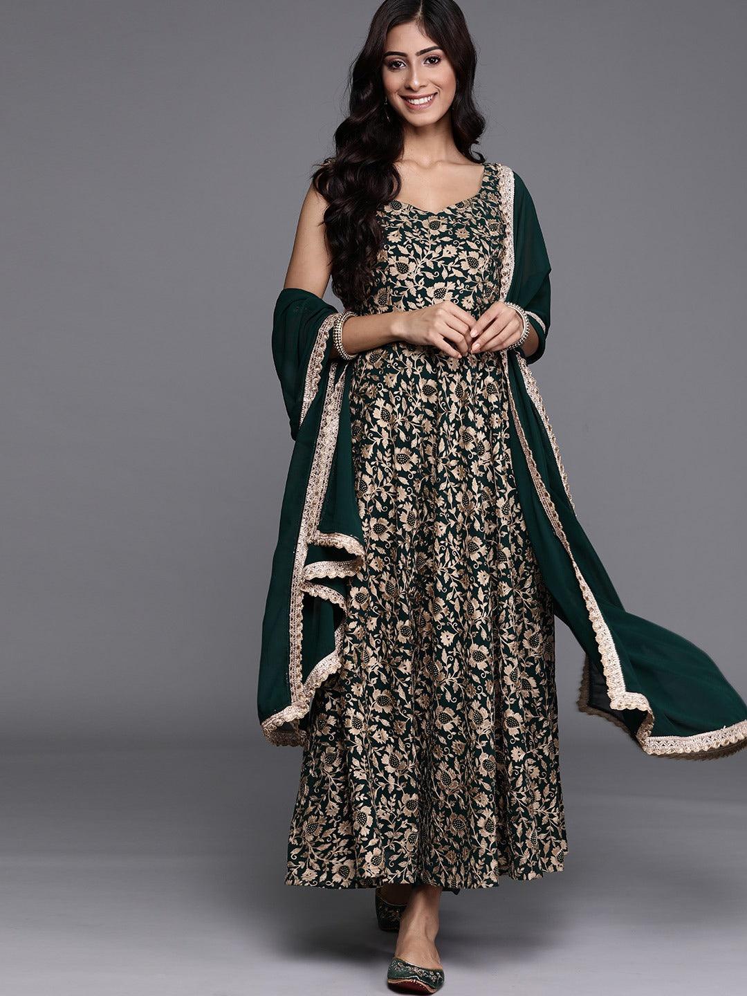 Embroidered Georgette Anarkali Suit in Green