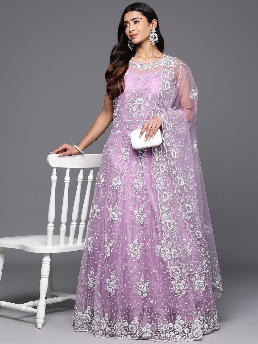 Buy Libas Art Lavender Embellished Net Gown Dress With Dupatta Online 