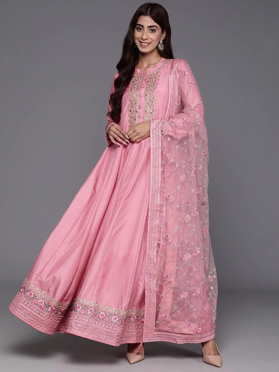 Buy Libas Art Pink Yoke Design Silk Anarkali Suit With Dupatta Online at Rs.4319 Libas