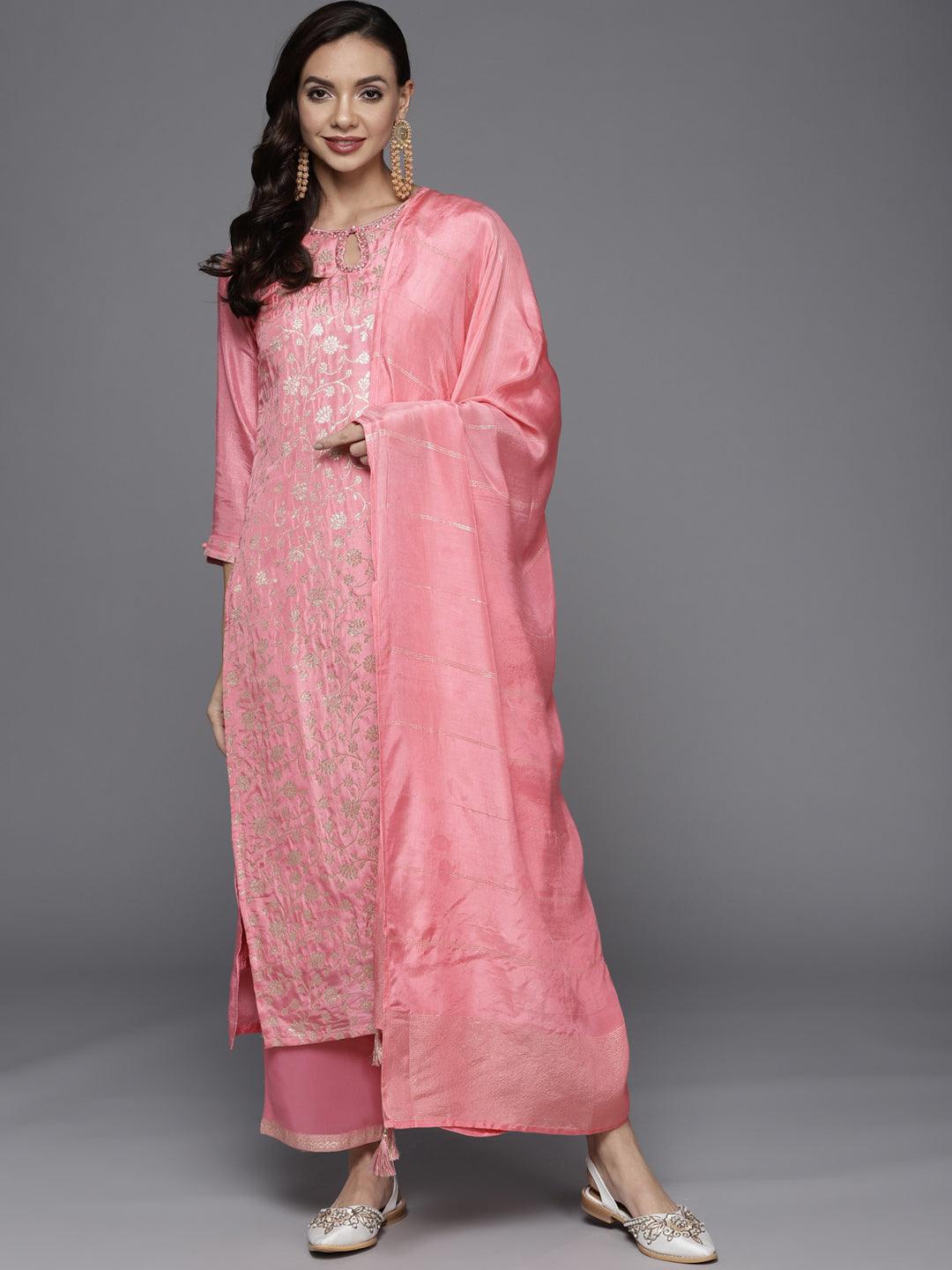 Silk Base Deep Pink Pant Style Suit with Dupatta