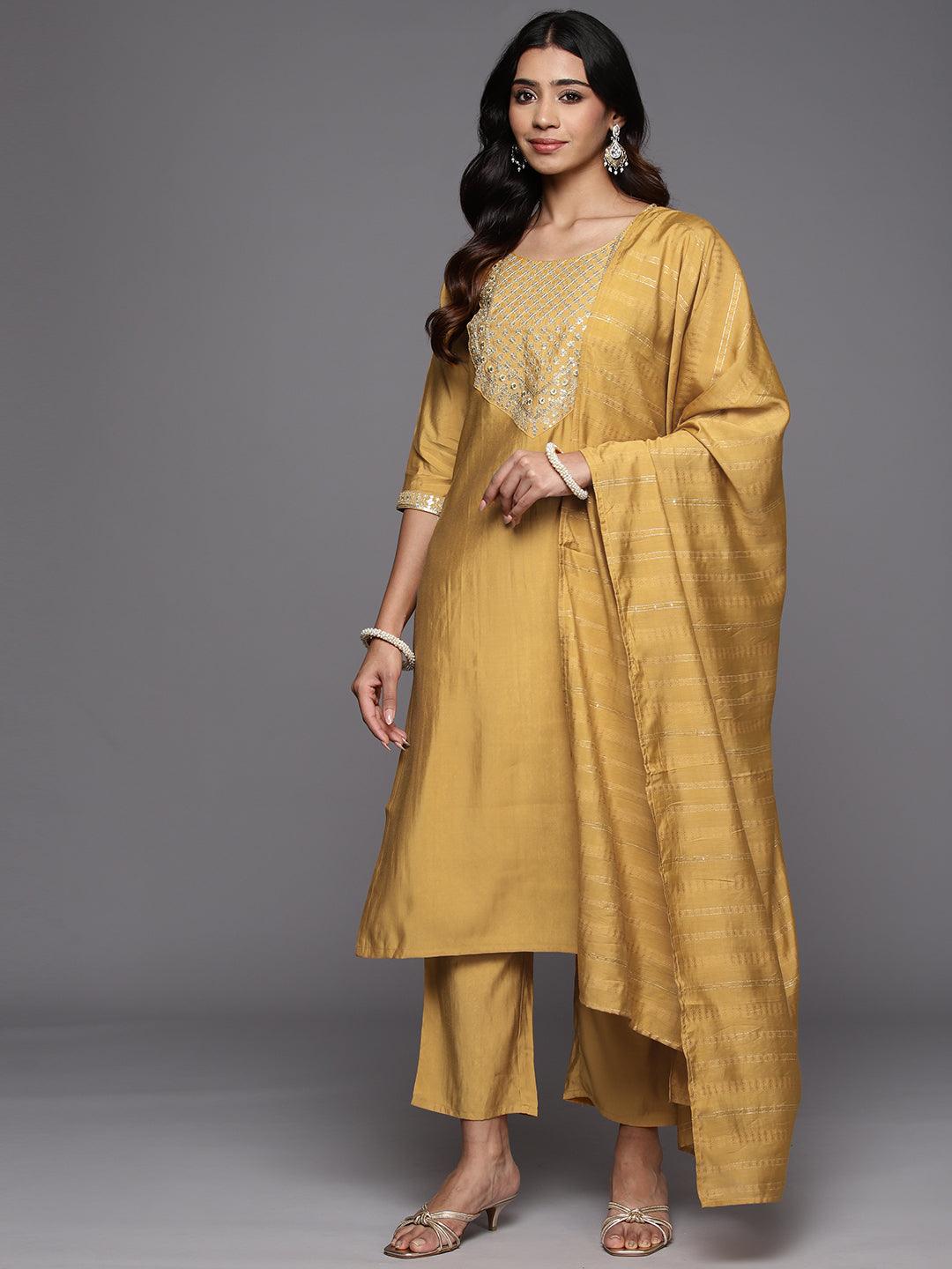 Mustard Yoke Design Silk Blend Straight Kurta With Trousers & Dupatta