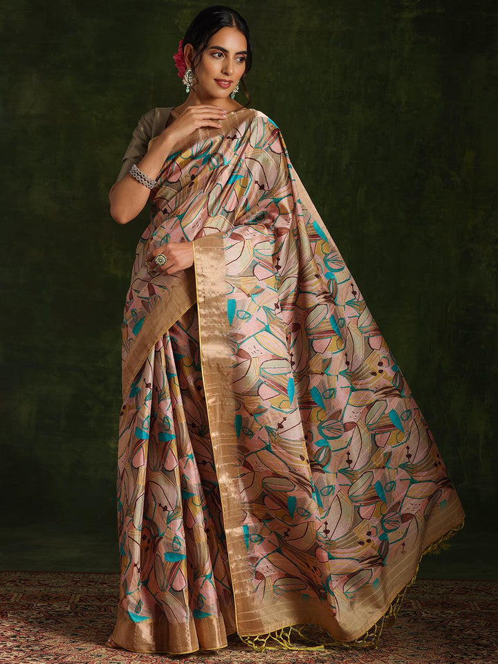 Green Printed Silk Blend Saree With Unstitched Blouse Piece - Libas