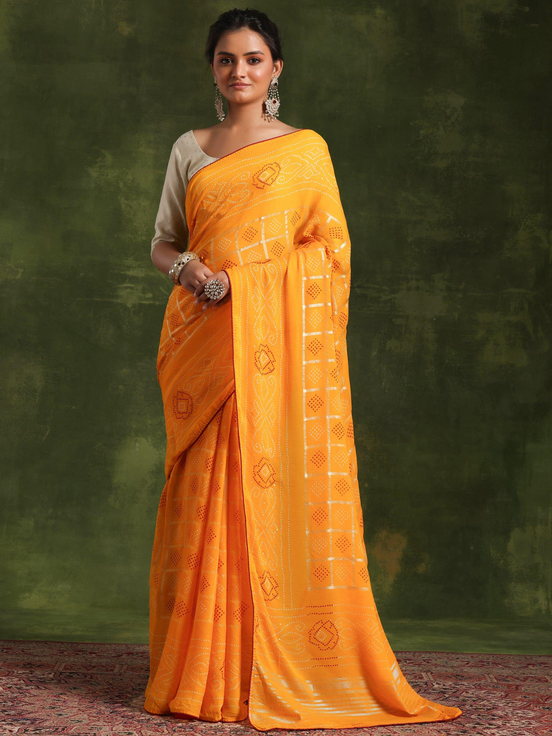 Mustard Printed Poly Georgette Saree With Unstitched Blouse Piece - Libas