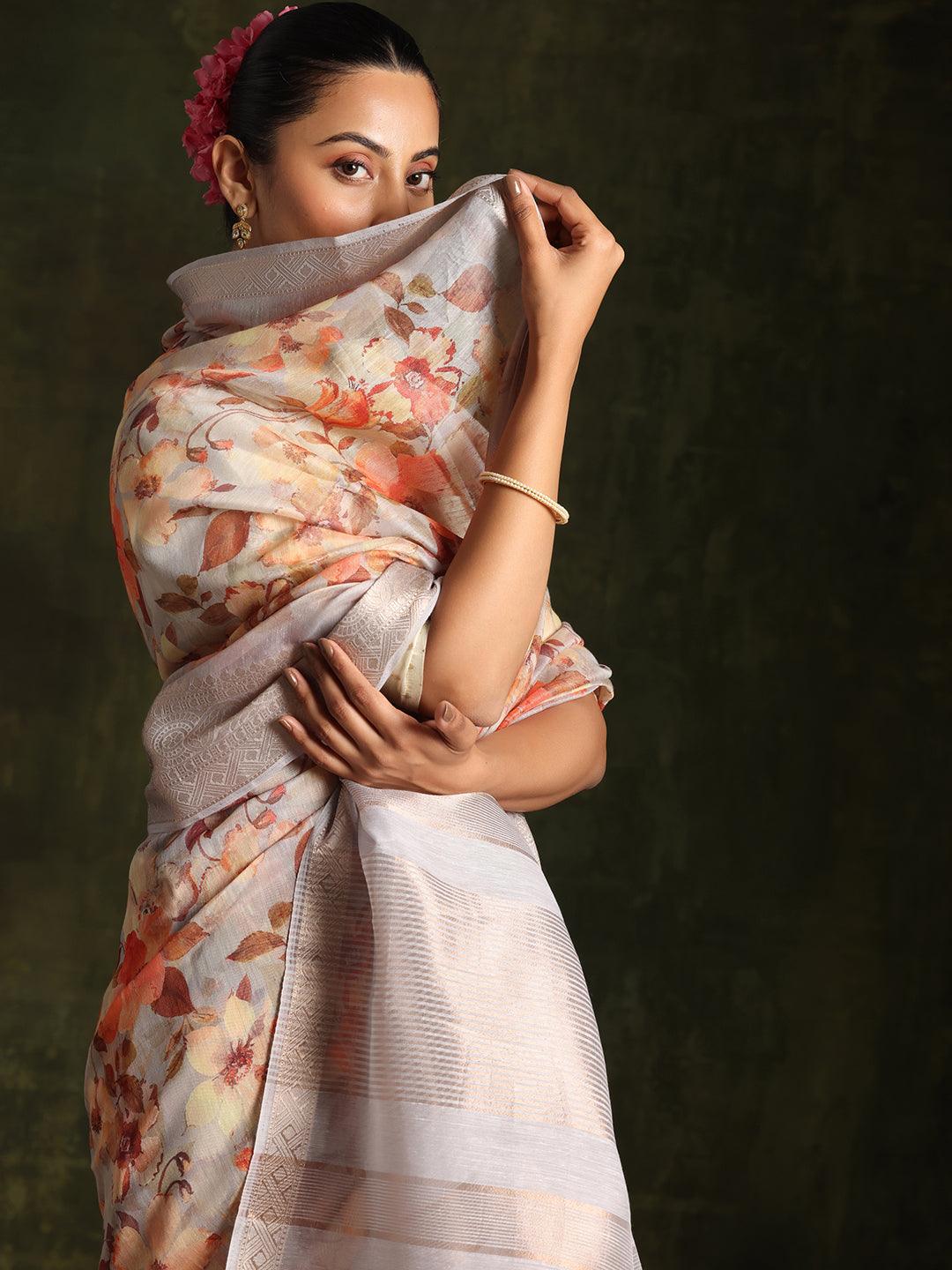 Grey Printed Silk Blend Saree With Unstitched Blouse Piece - Libas