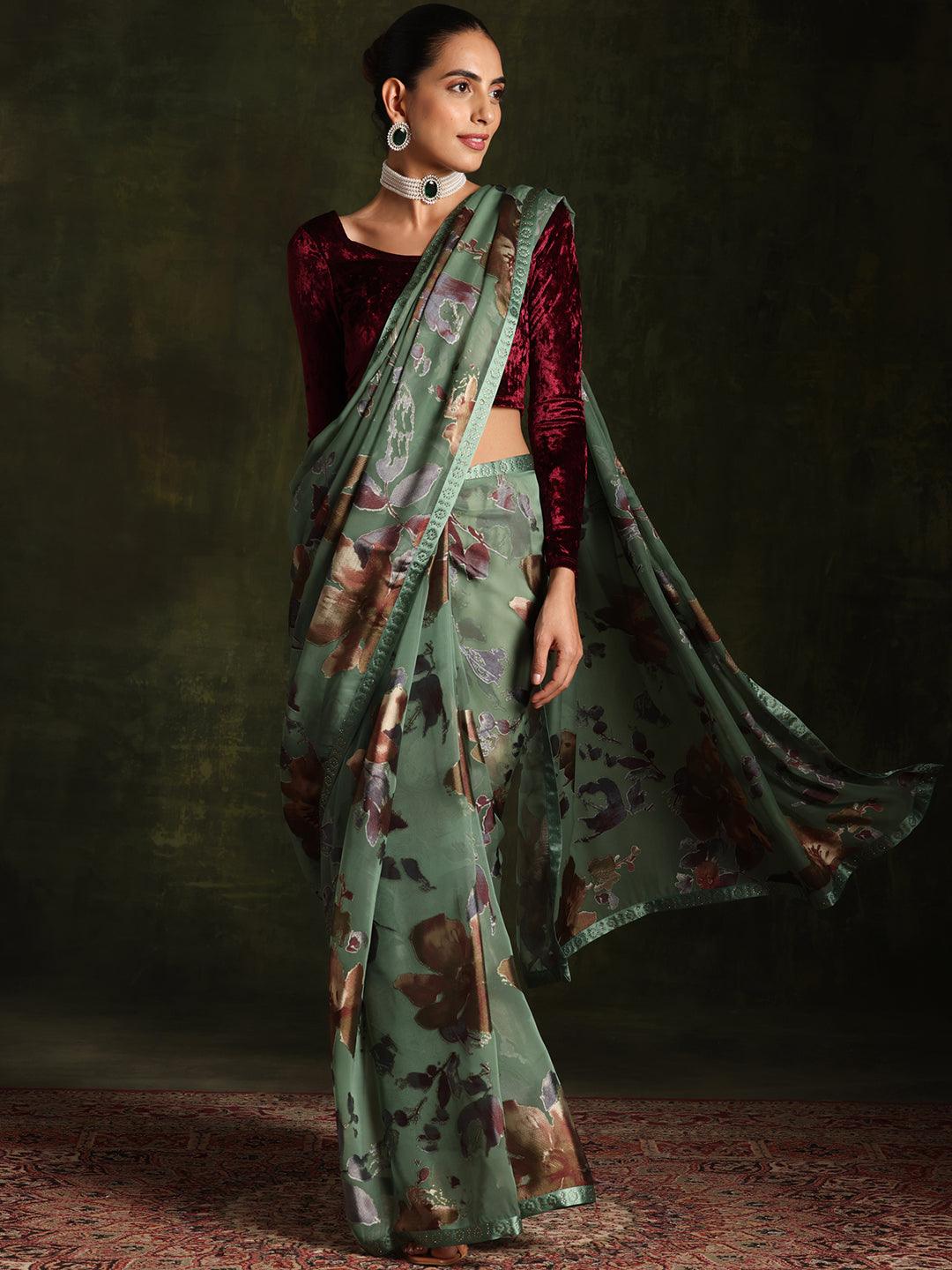 Green Printed Brasso Saree With Unstitched Blouse Piece - Libas