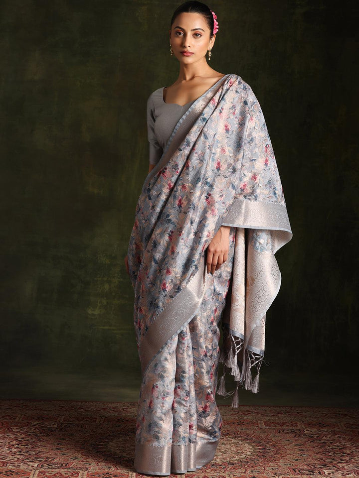 Grey Woven Design Brocade Saree With Unstitched Blouse Piece - Libas