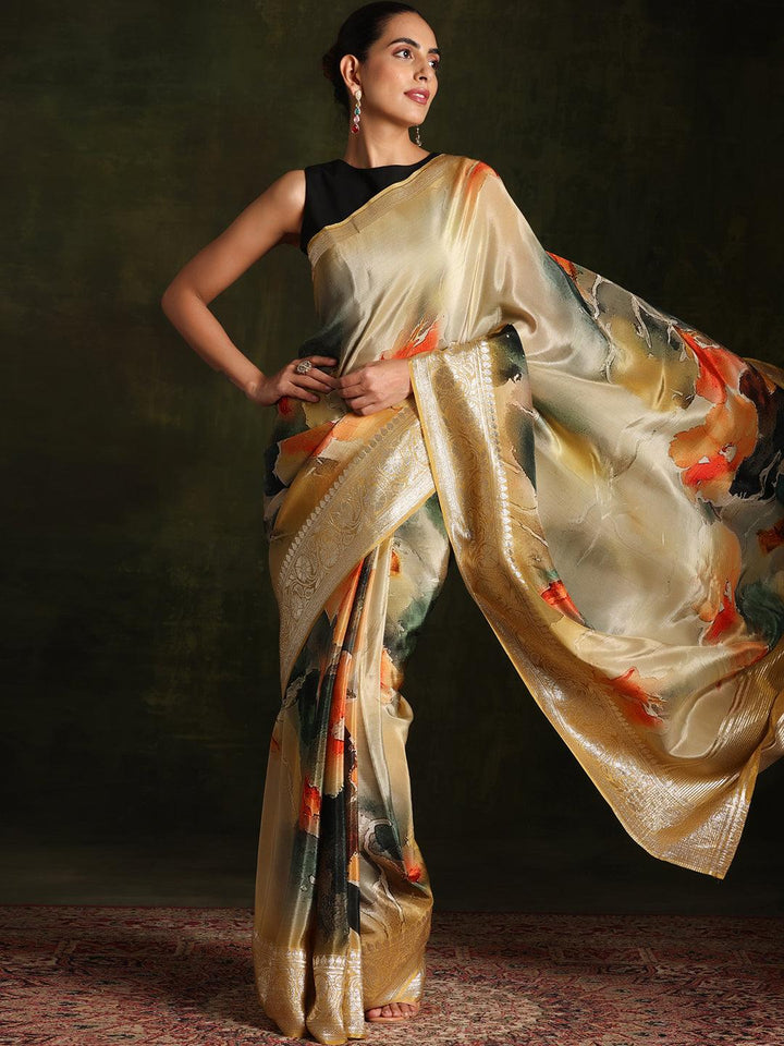 Yellow Printed Organza Saree With Unstitched Blouse Piece - Libas