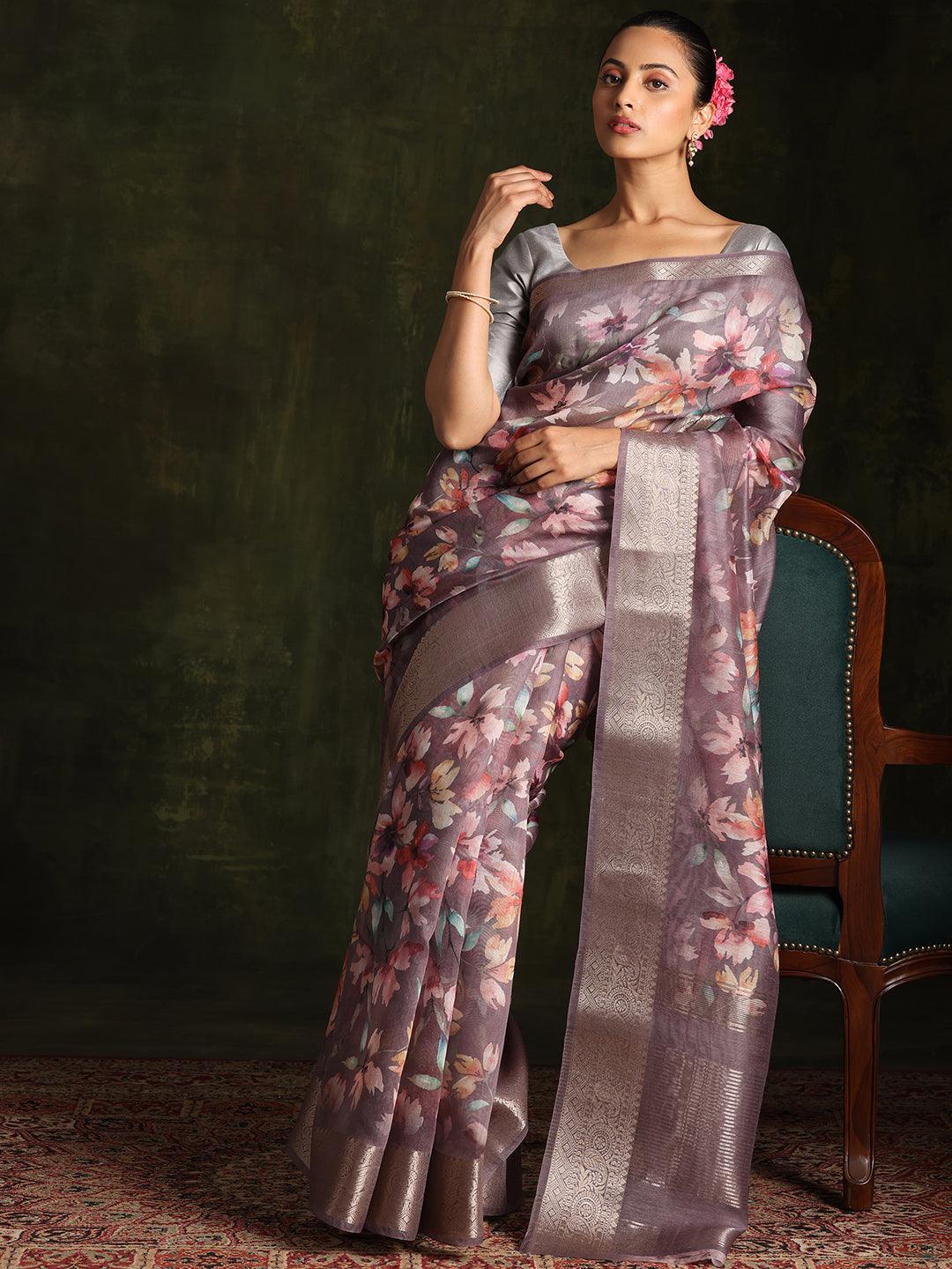 Grey Printed Silk Blend Saree With Unstitched Blouse Piece - Libas