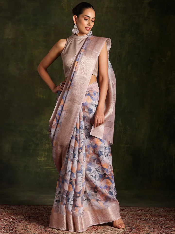 Blue Printed Silk Blend Saree With Unstitched Blouse Piece - Libas