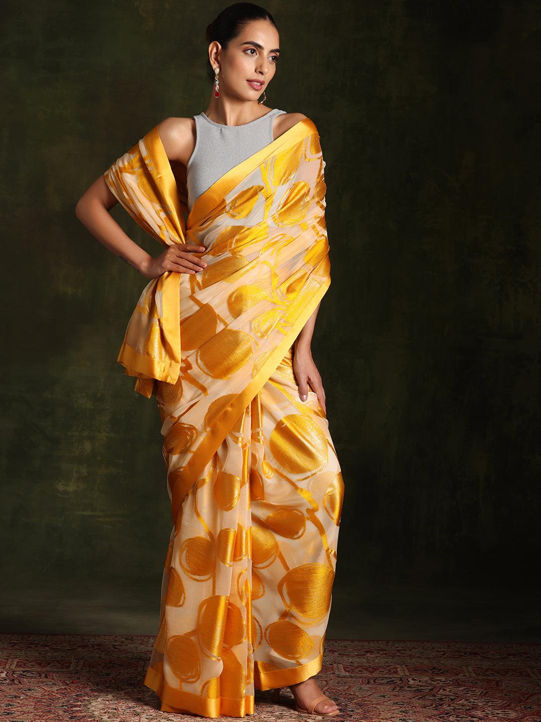 Beige Woven Design Brasso Saree With Unstitched Blouse Piece - Libas