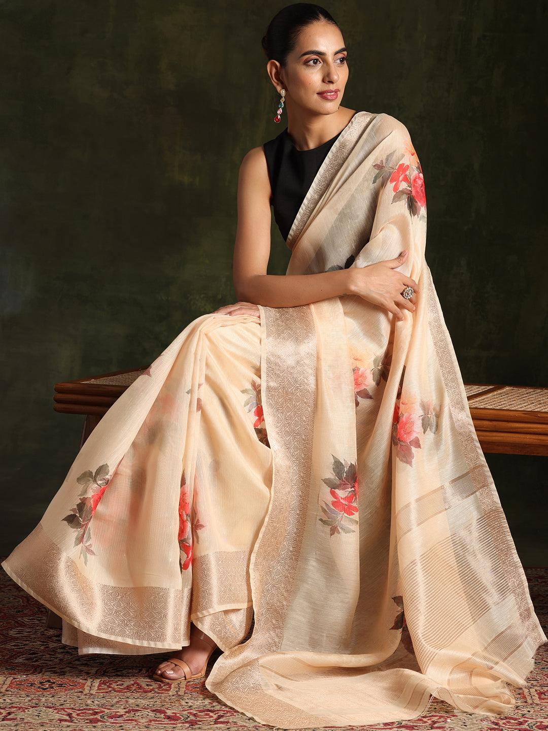 Yellow Printed Silk Blend Saree With Unstitched Blouse Piece - Libas 