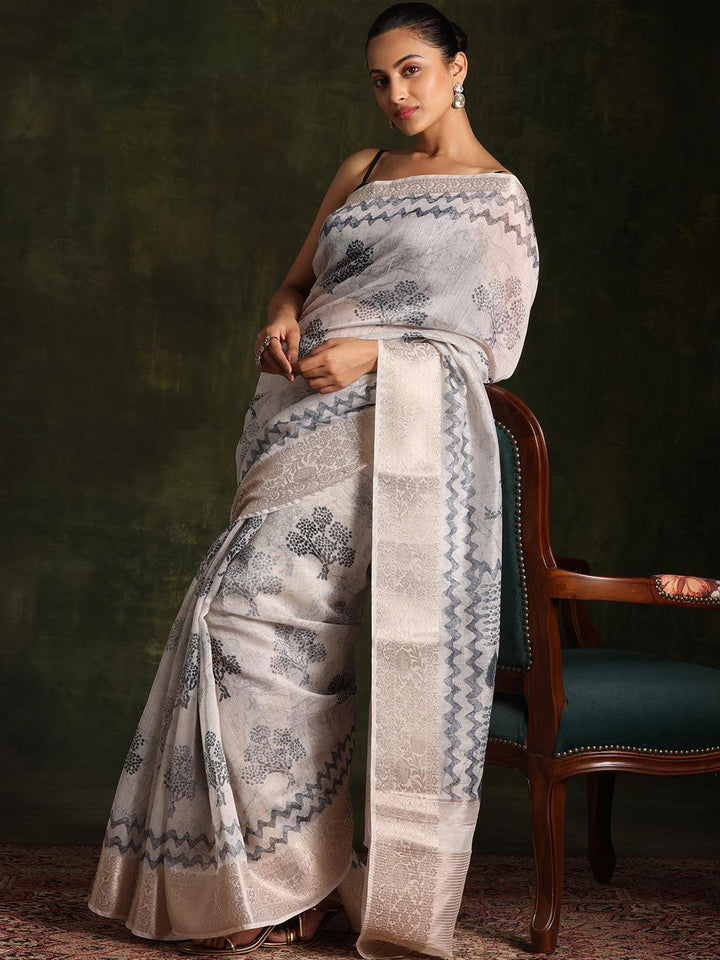 Grey Printed Silk Blend Saree With Unstitched Blouse Piece - Libas