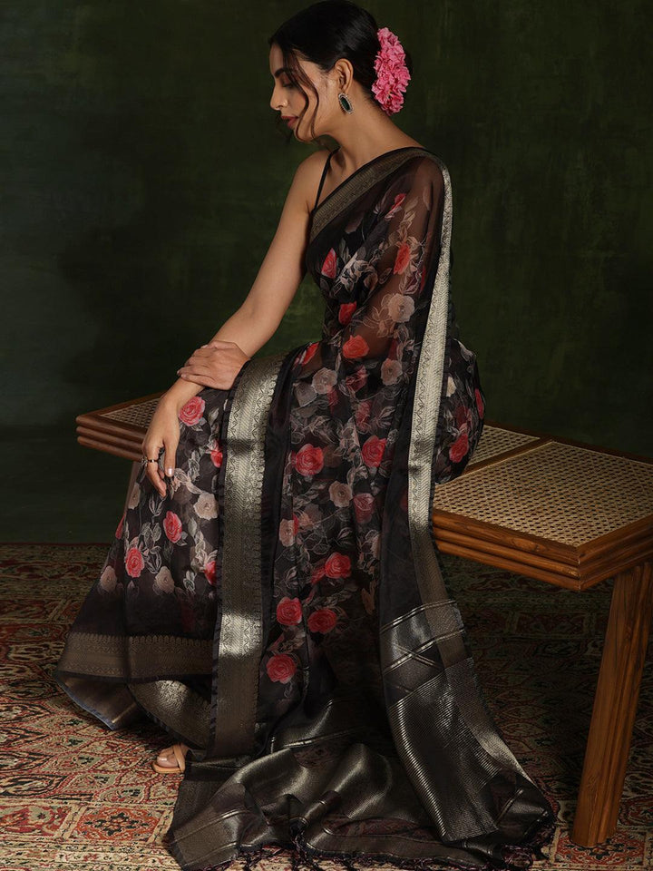 Black Printed Organza Saree With Unstitched Blouse Piece - Libas