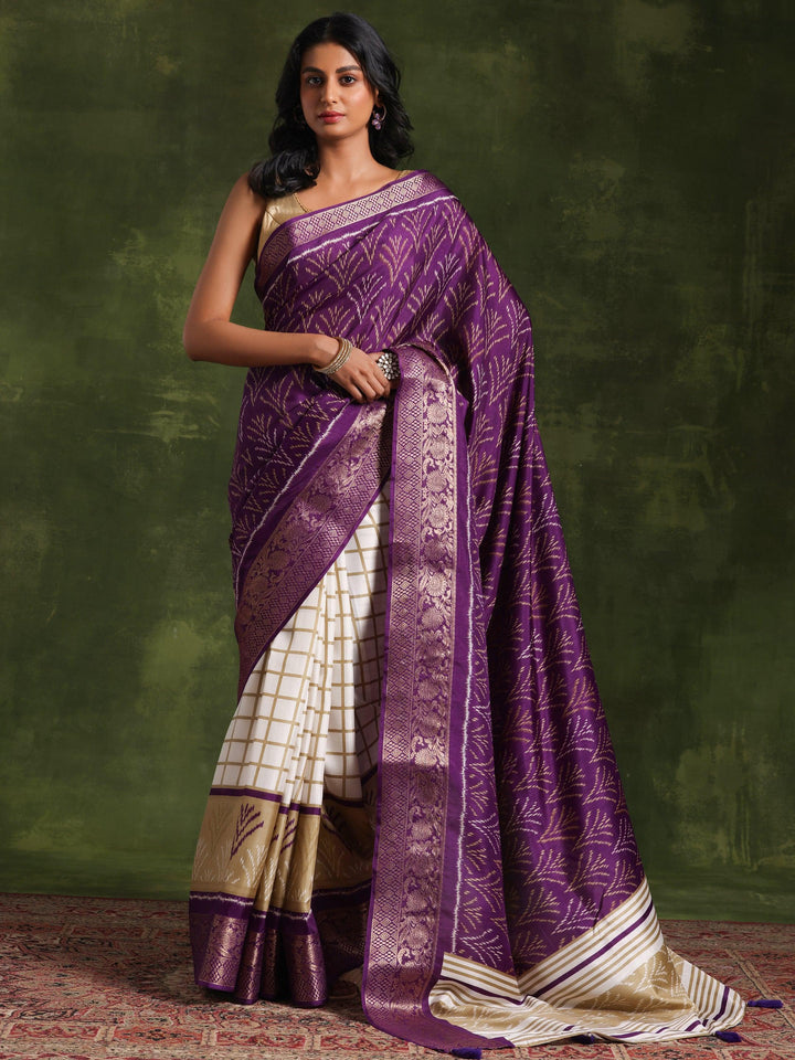 Purple Printed Silk Blend Saree With Unstitched Blouse Piece - Libas