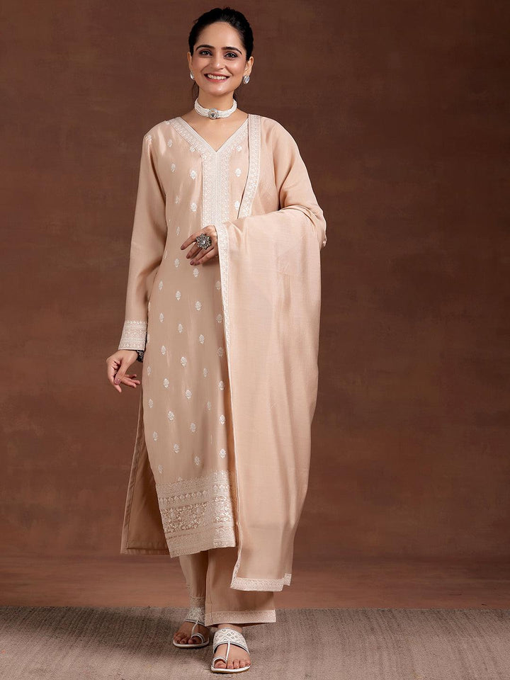 Beige Embroidered Silk Blend Straight Suit With Dupatta - Libas