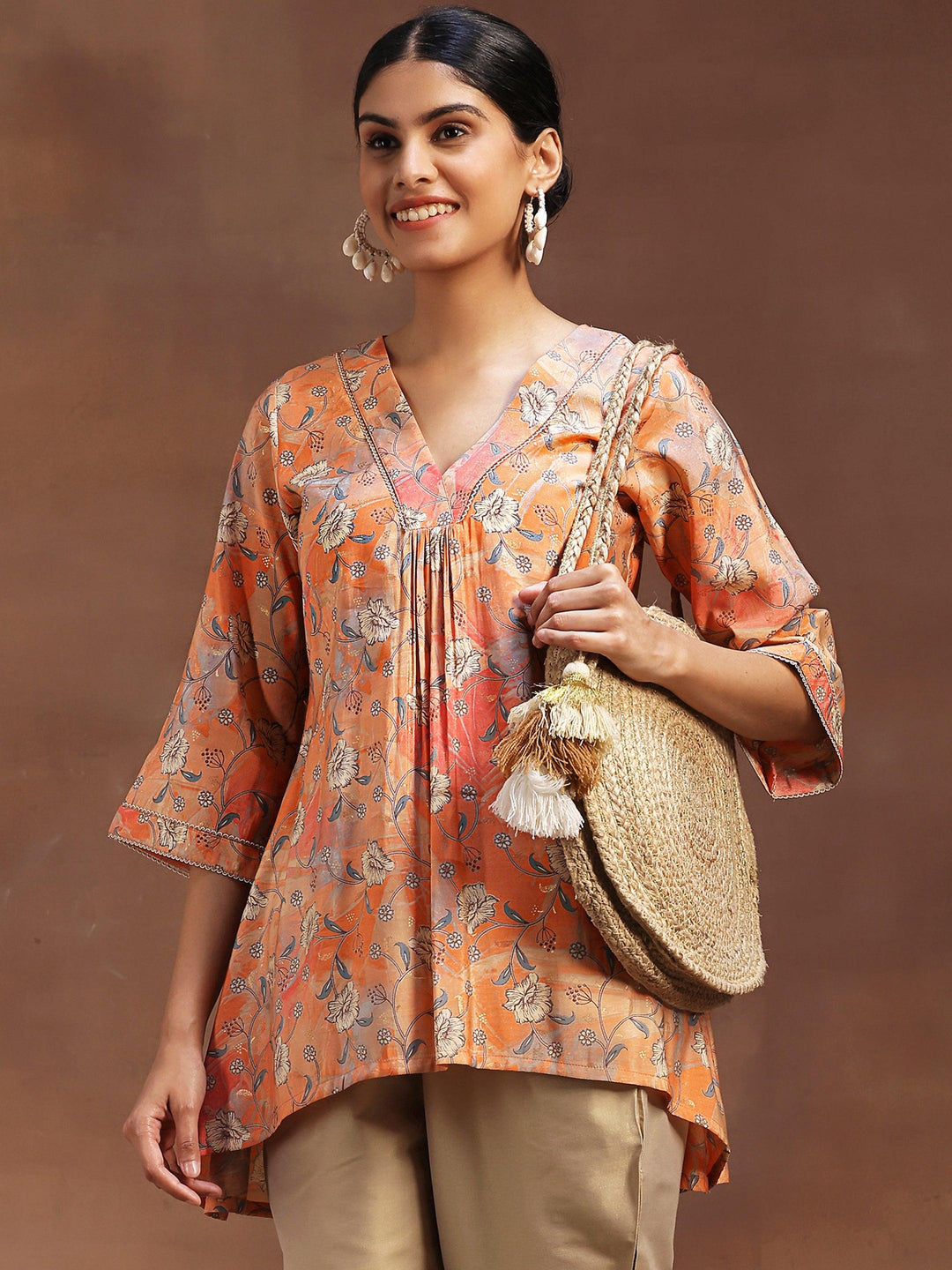  Peach Printed Silk Blend A-Line Kurti 