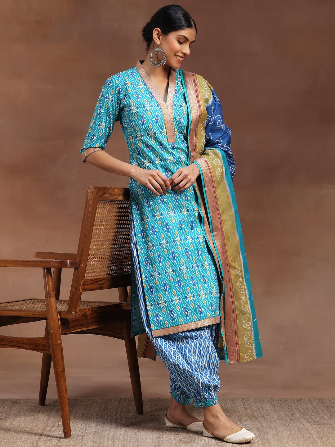  Blue Printed Cotton Straight Suit With Dupatta 