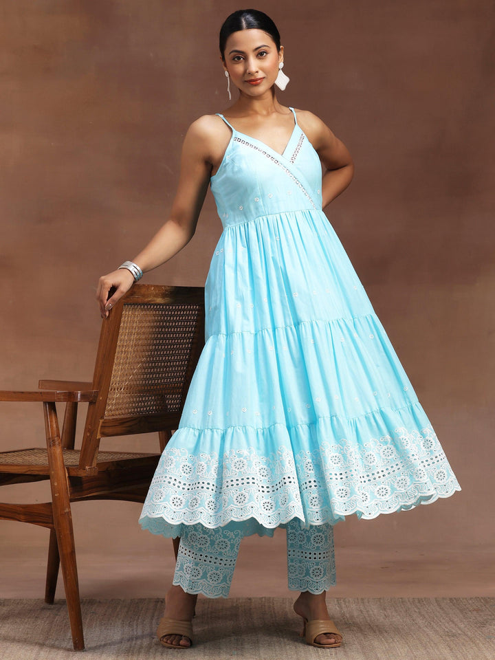 Blue Self Design Cotton Anarkali Kurta With Trousers - Libas