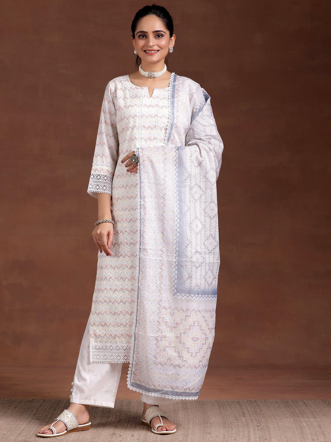 Off White Embroidered Cotton Blend Straight Suit With Dupatta - Libas 