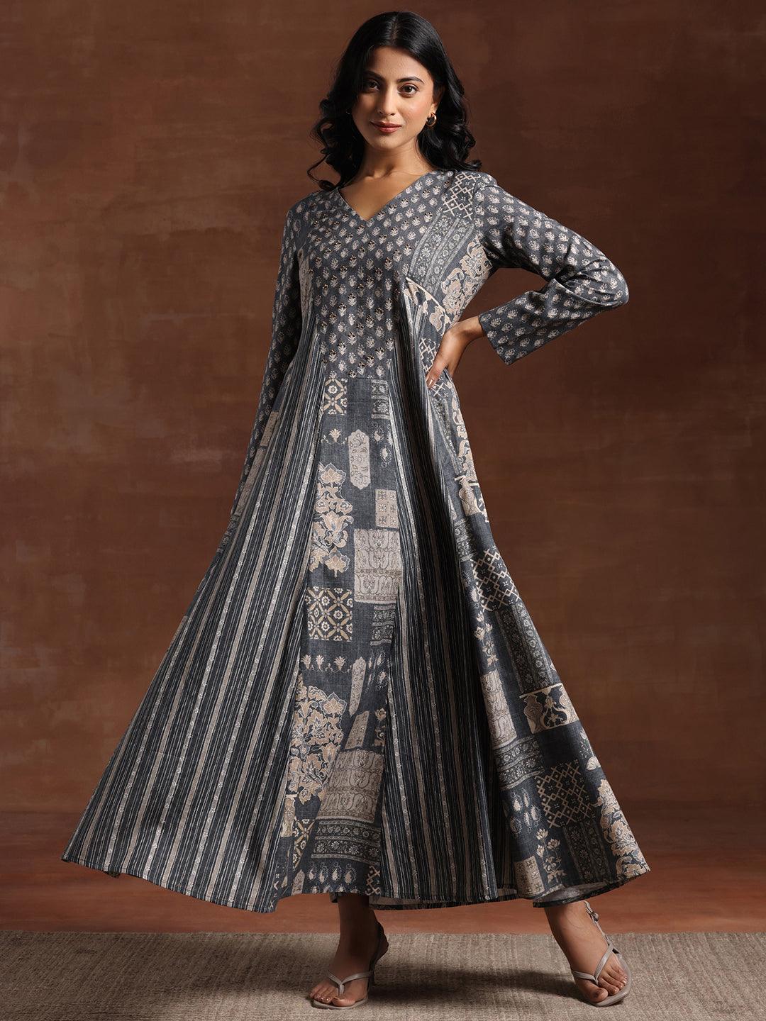 Grey Printed Linen A-Line Dress - Libas