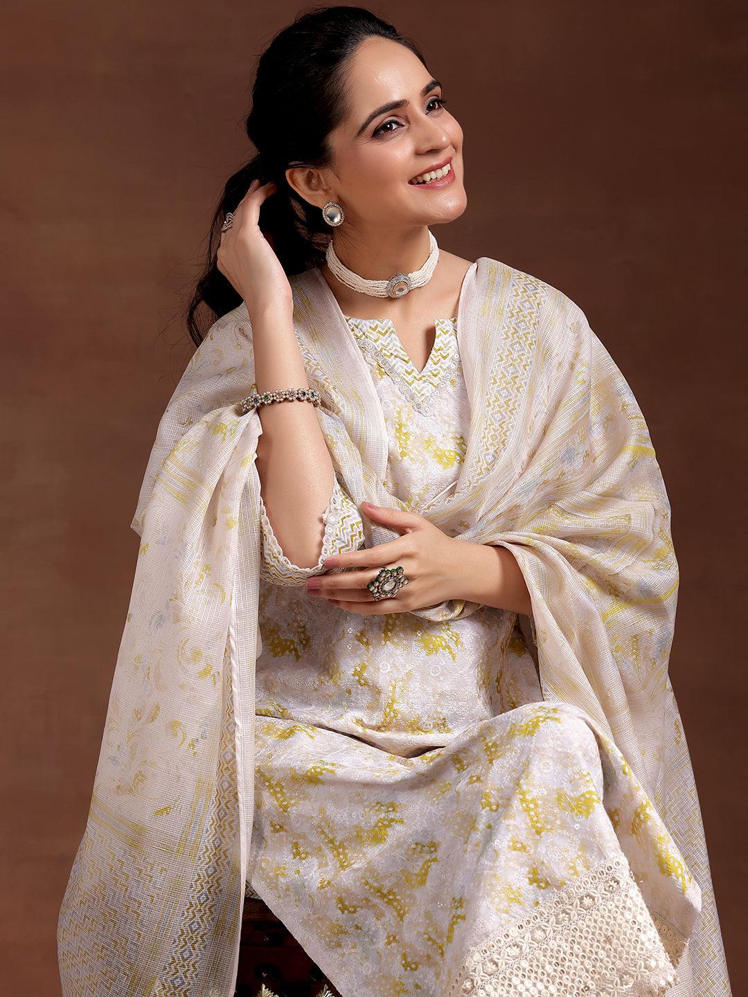 Beige Embroidered Cotton Blend Straight Suit With Dupatta - Libas 