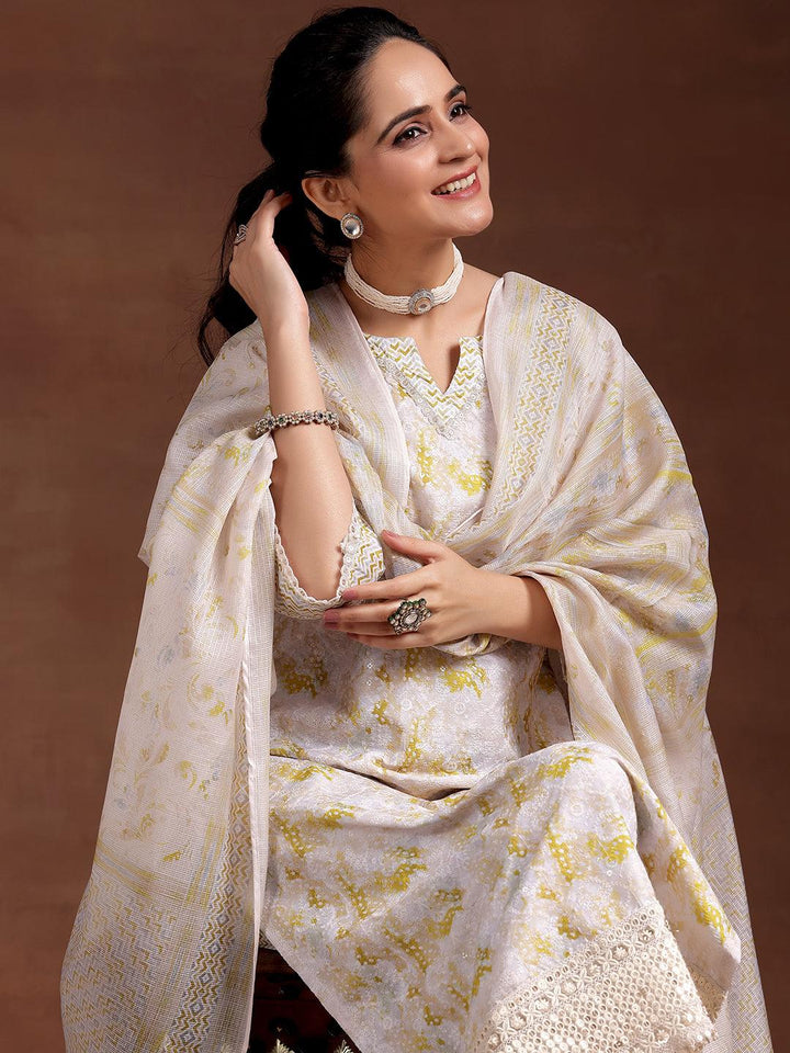 Beige Embroidered Cotton Blend Straight Suit With Dupatta - Libas