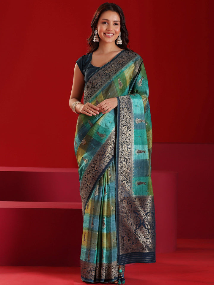 Libas Art Green Woven Design Satin Saree With Unstitched Blouse Piece - Libas