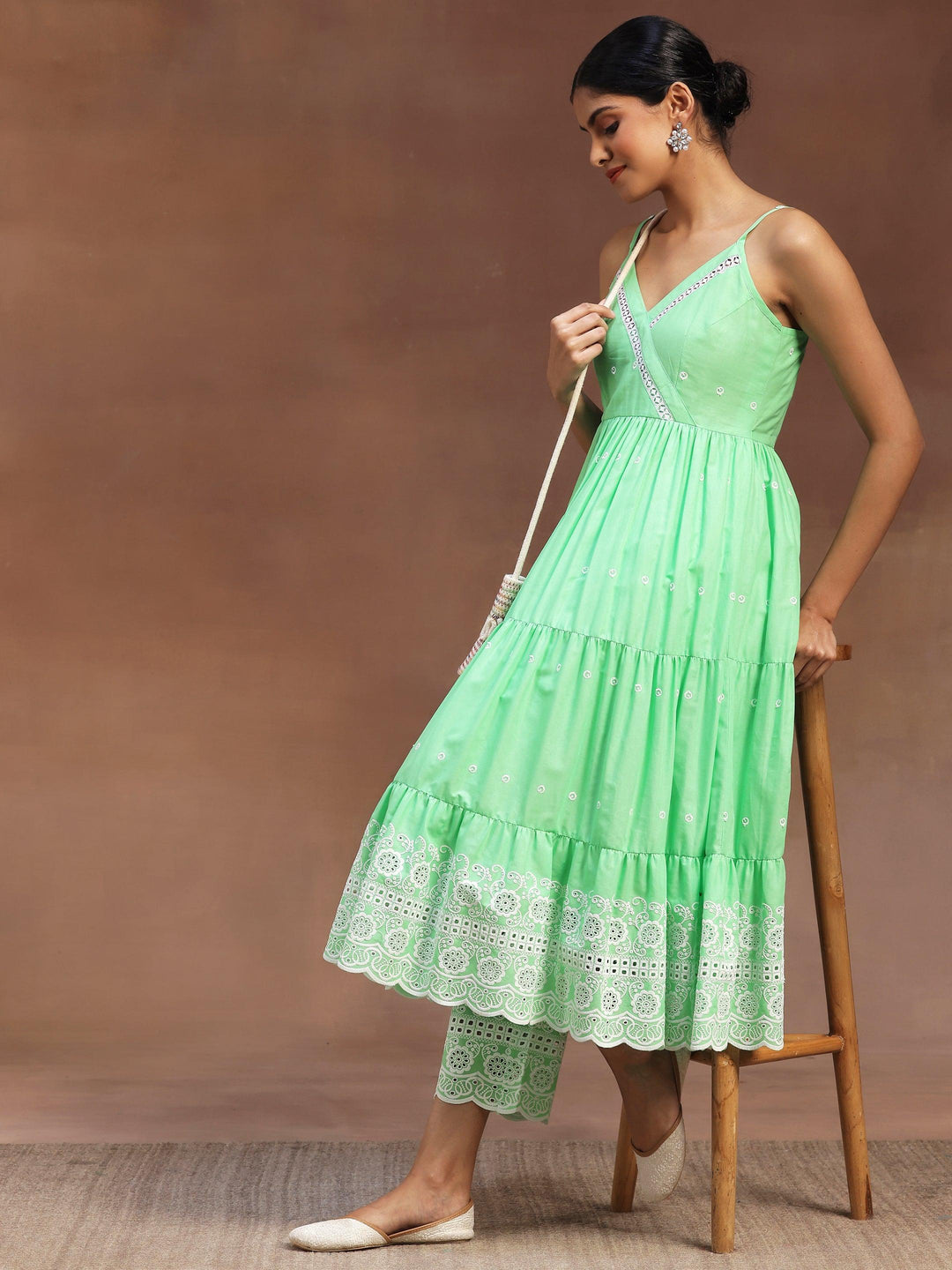 Green Self Design Cotton Anarkali Kurta With Trousers - Libas 