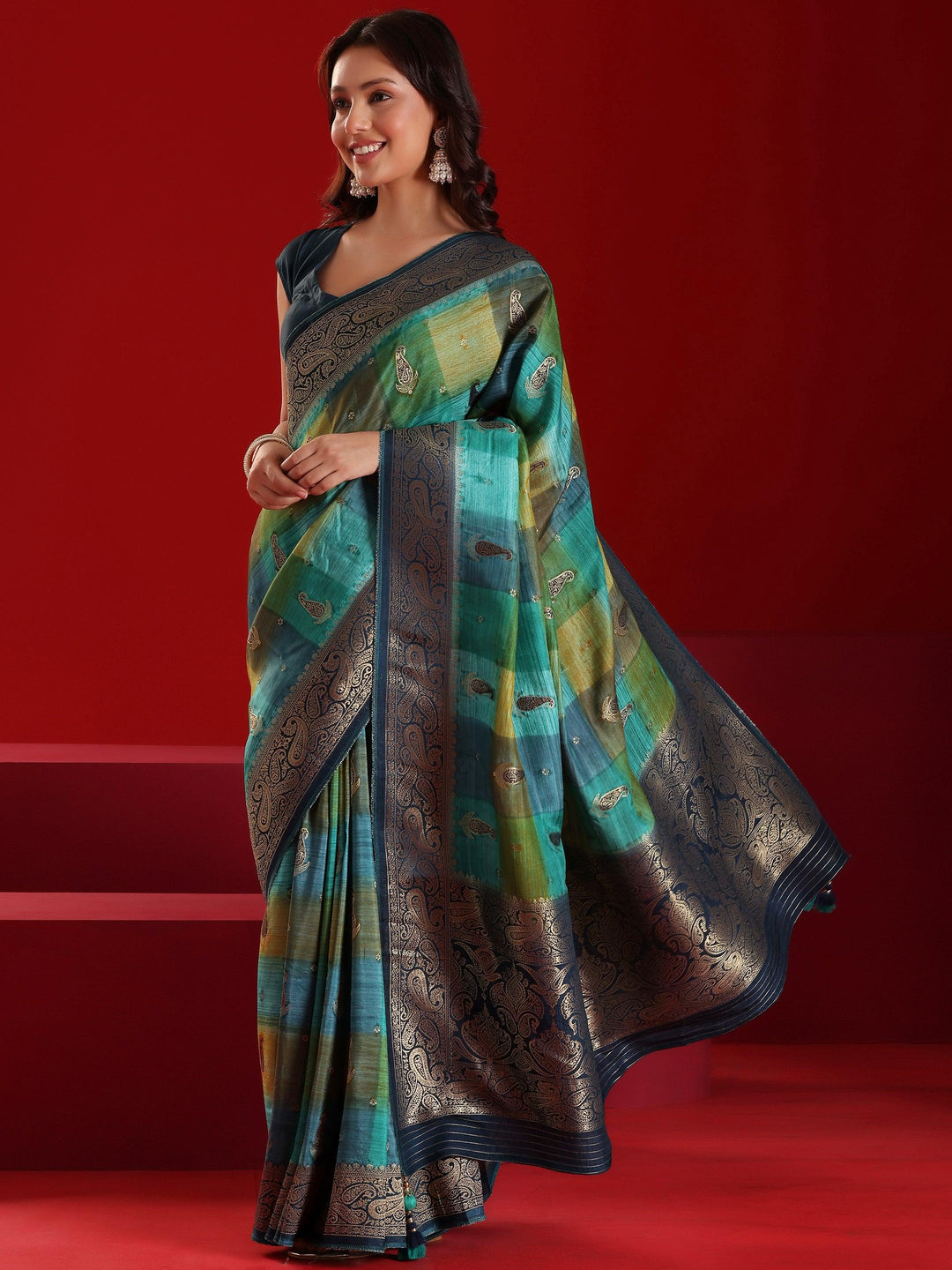 Libas Art Green Woven Design Satin Saree With Unstitched Blouse Piece - Libas