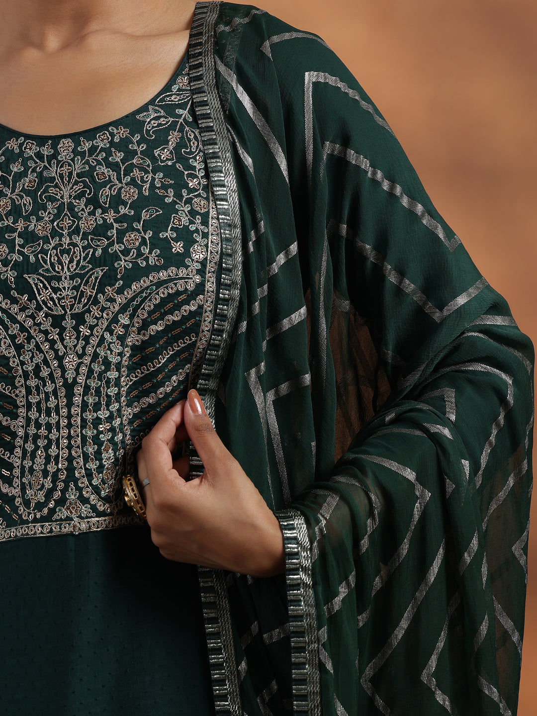  Green Embroidered Silk Blend A-Line Kurta With Trousers & Dupatta 