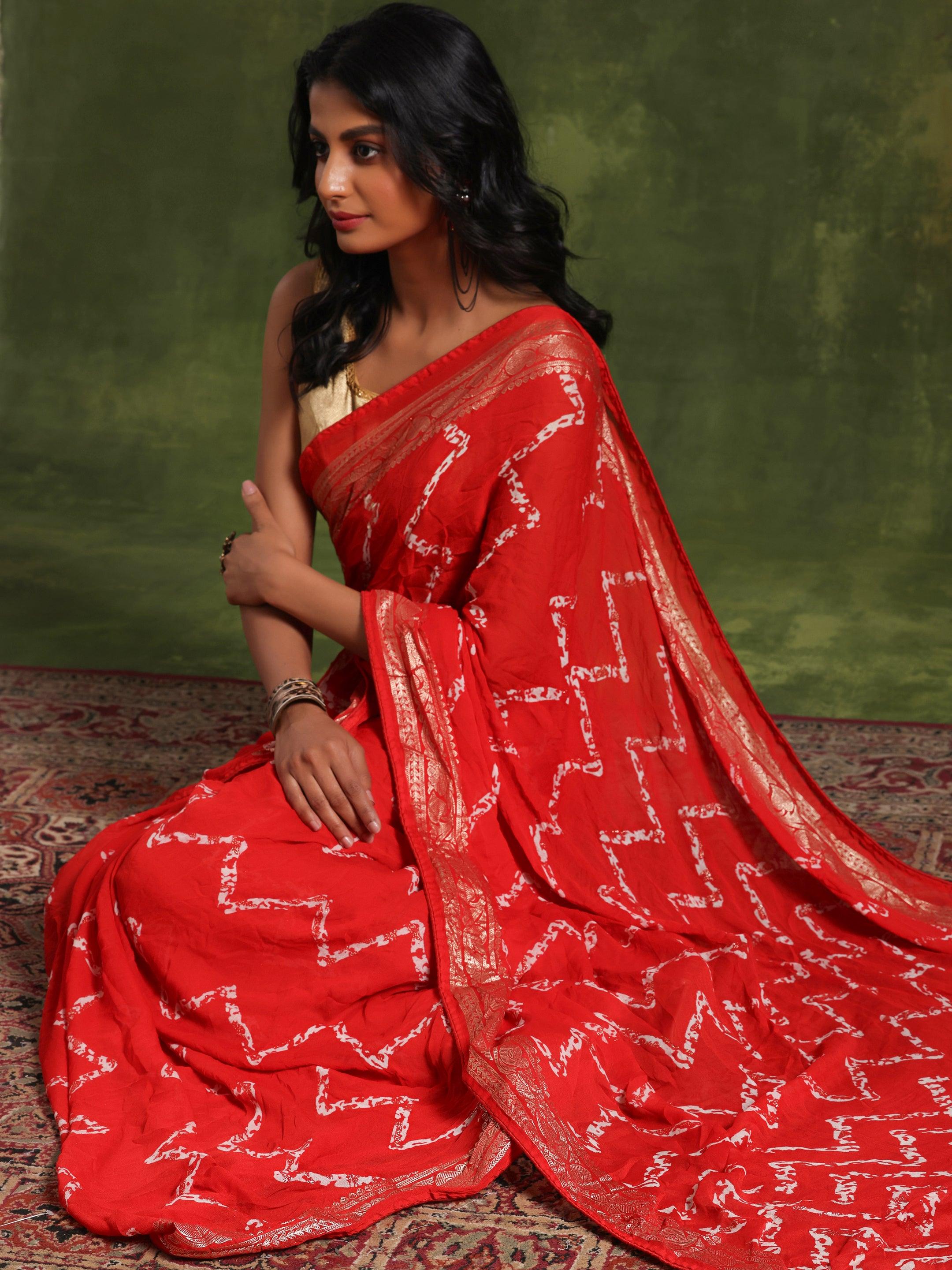 Red Printed Poly Georgette Saree With Unstitched Blouse Piece