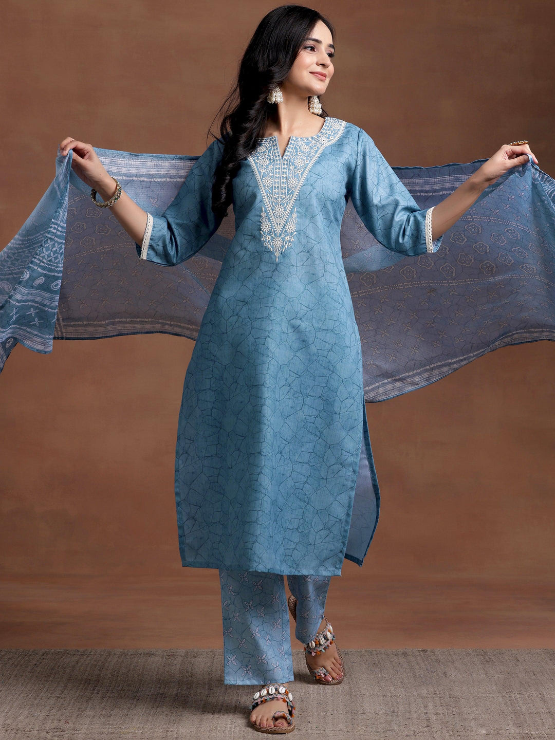 Blue Yoke Design Cotton Straight Suit With Dupatta - Libas 