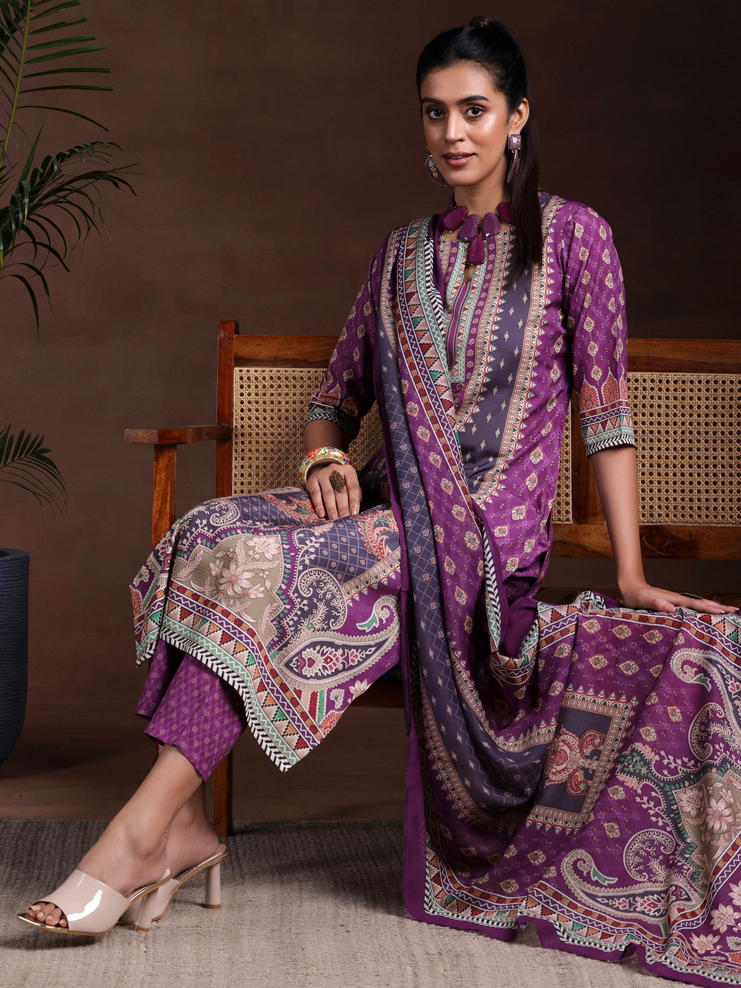  Purple Printed Poly Crepe Straight Suit With Dupatta 