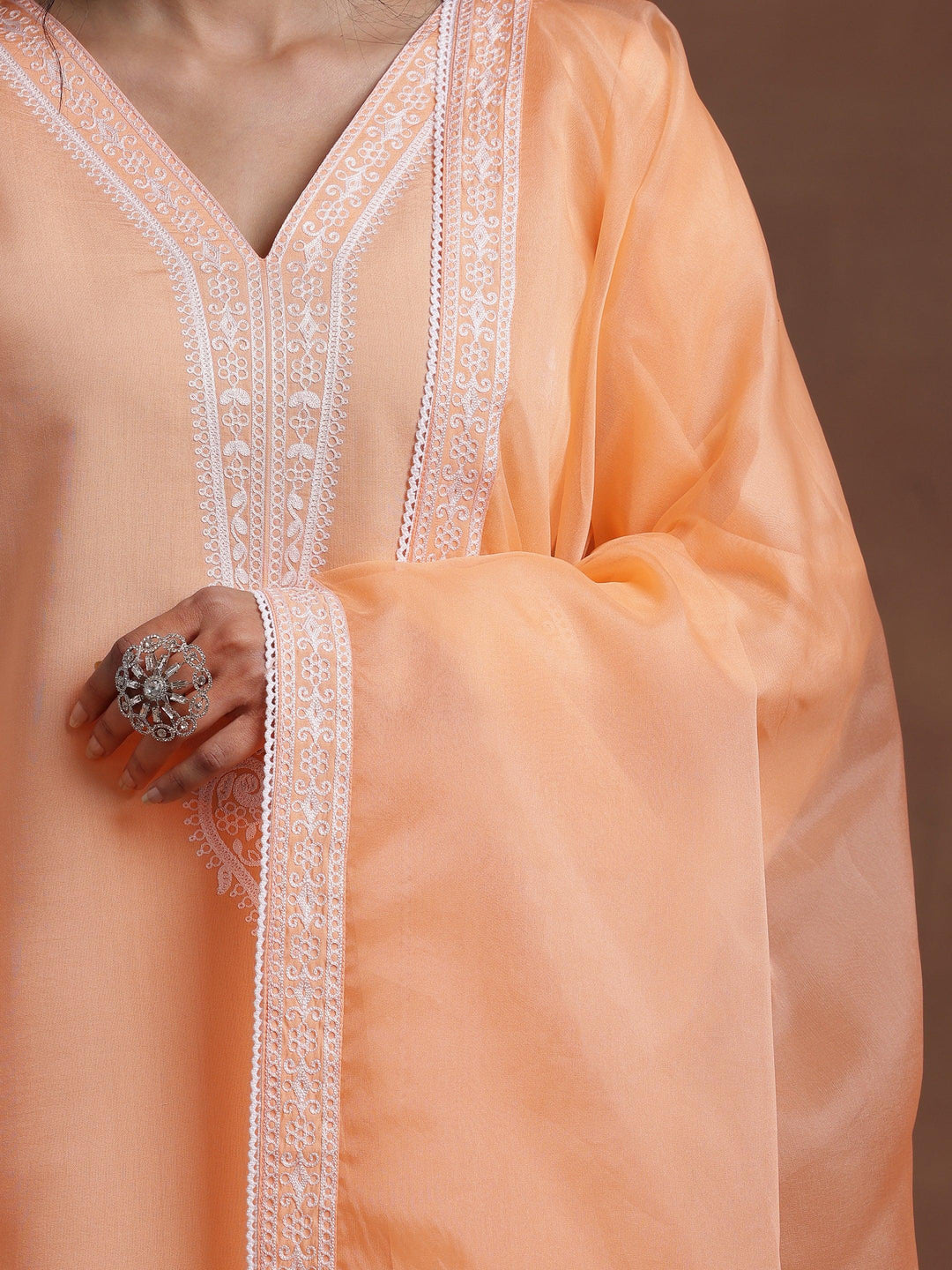 Peach Embroidered Silk Blend A-Line Kurta With Palazzos & Dupatta - Libas 