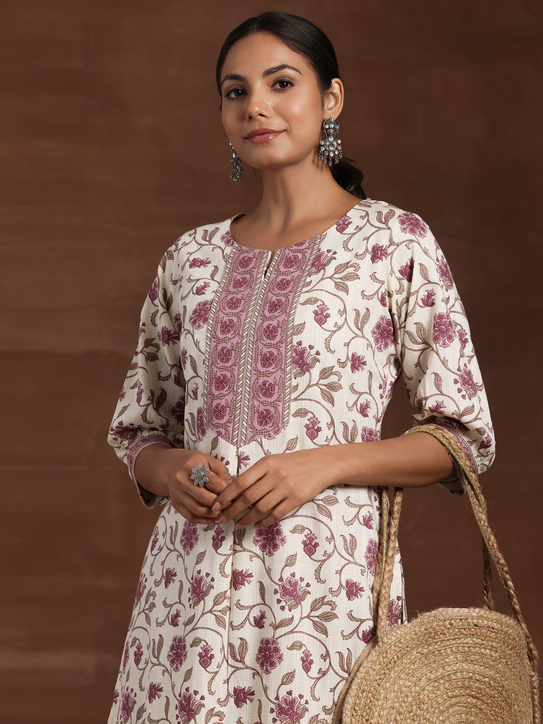 Beige Printed Cotton Straight Kurta - Libas 