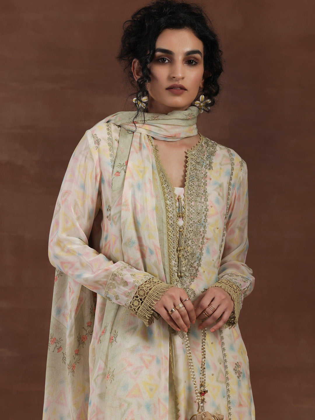 Olive Embroidered Organza Straight Suit With Dupatta - Libas