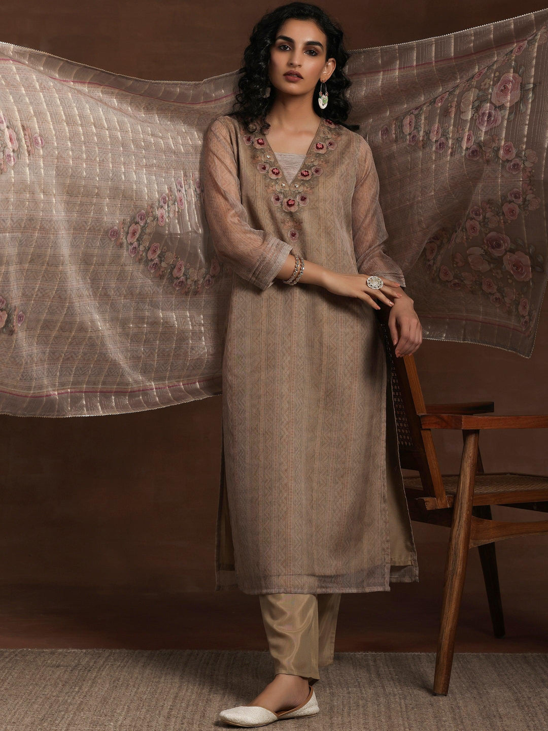 Tan Printed Organza Straight Suit With Dupatta - Libas 