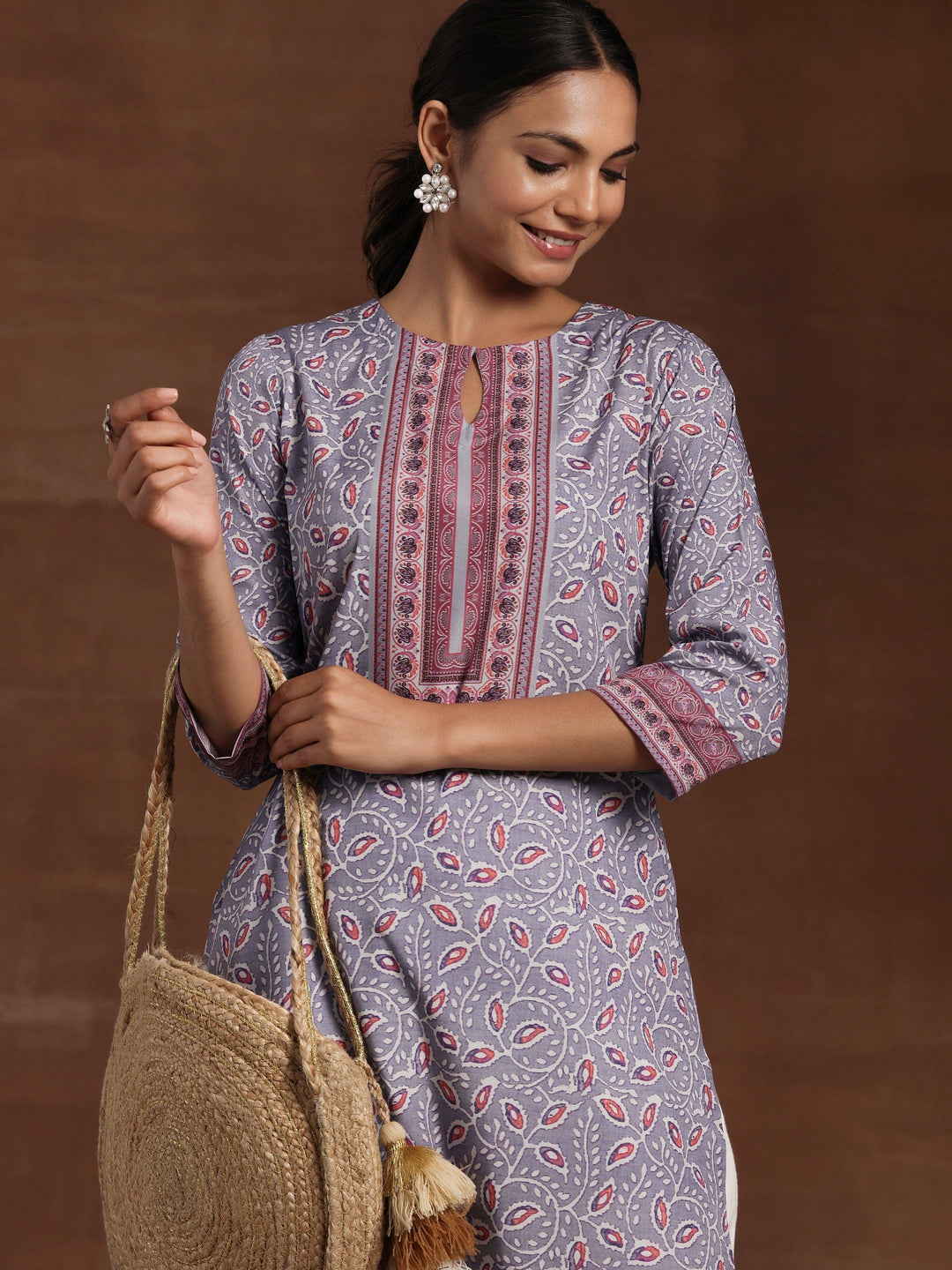 Lavender Printed Crepe Straight Kurta - Libas 