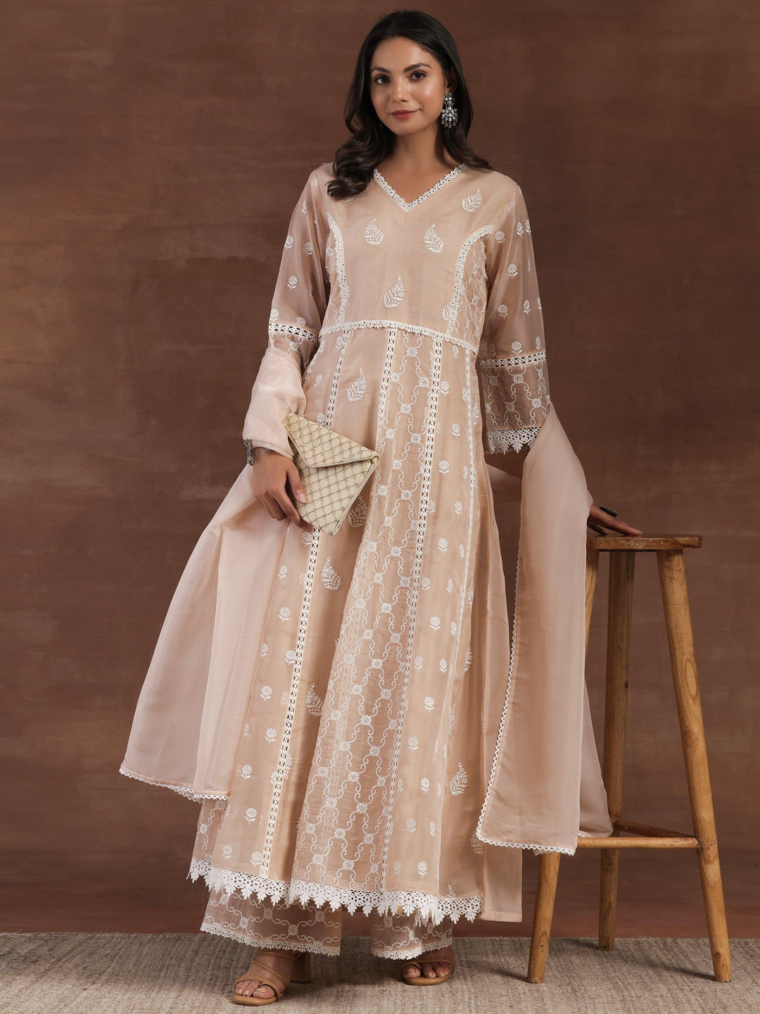 Nude Embroidered Organza A-Line Kurta With Palazzos & Dupatta - Libas 