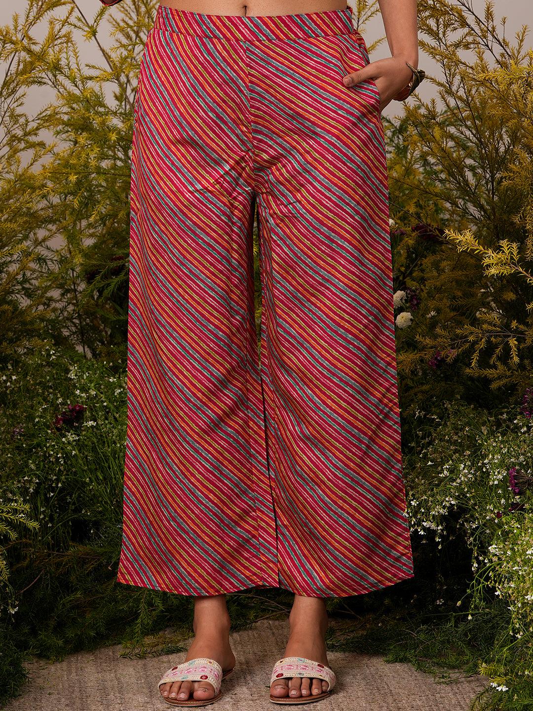 Pink Printed Silk Blend A-Line Kurta With Palazzos & Dupatta - Libas 