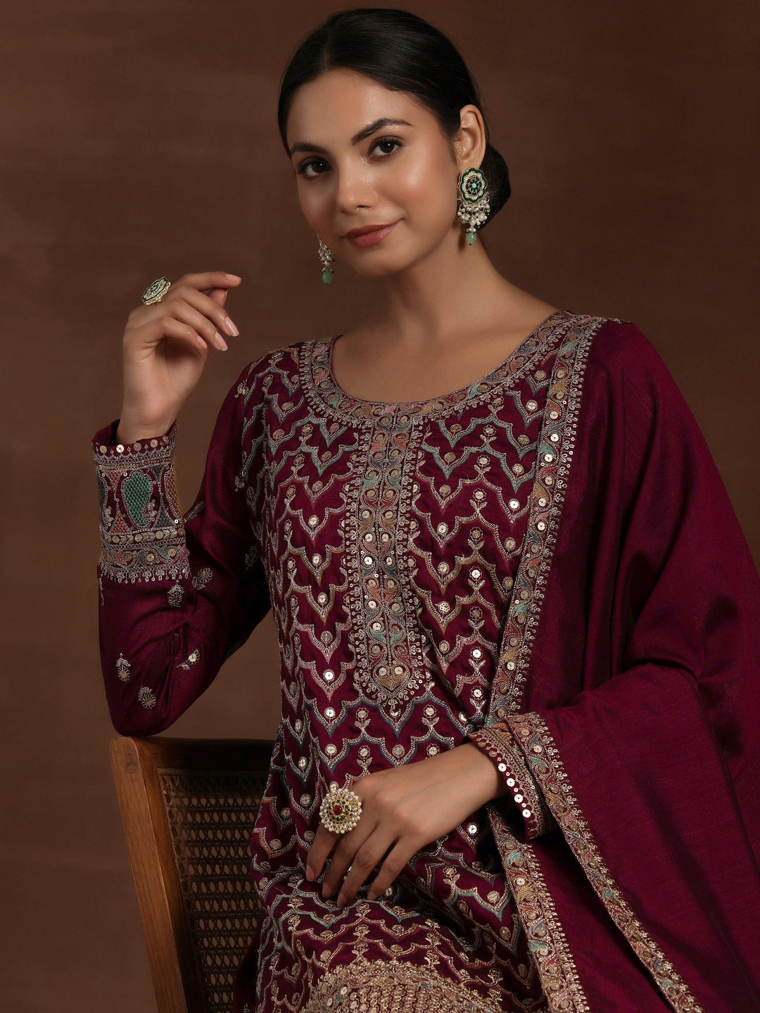 Maroon Embroidered Silk Blend Straight Kurta With Palazzos & Dupatta - Libas