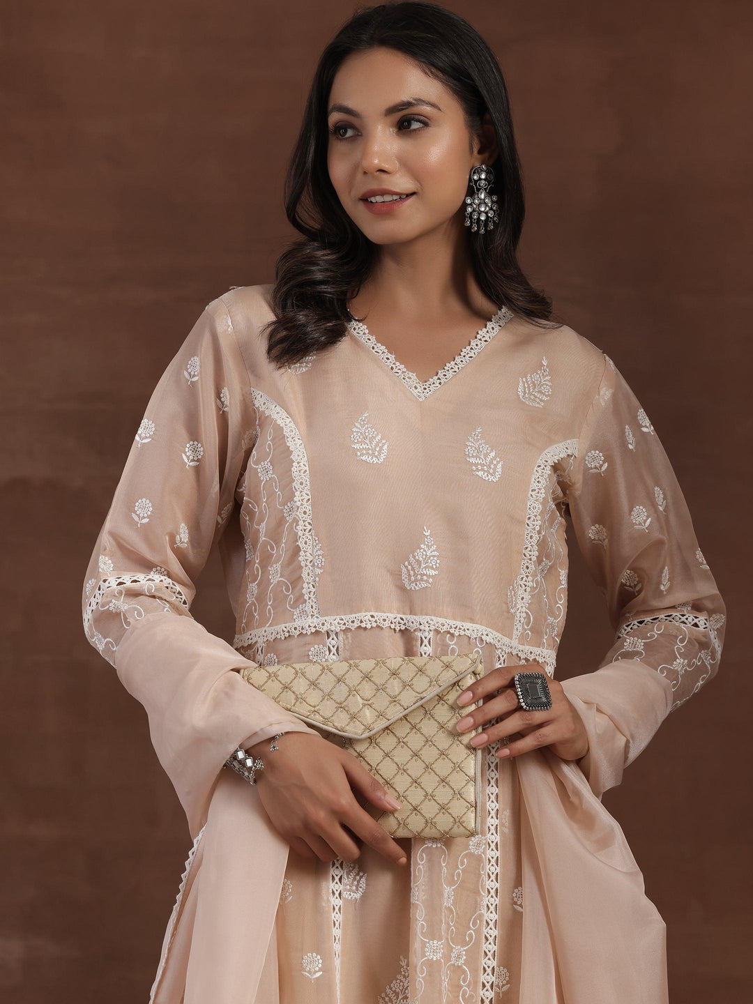 Nude Embroidered Organza A-Line Kurta With Palazzos & Dupatta - Libas 