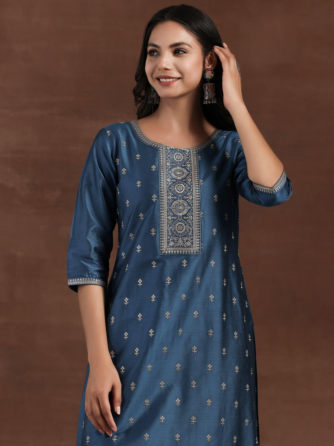 Blue Embroidered Silk Blend Straight Suit With Dupatta - Libas 