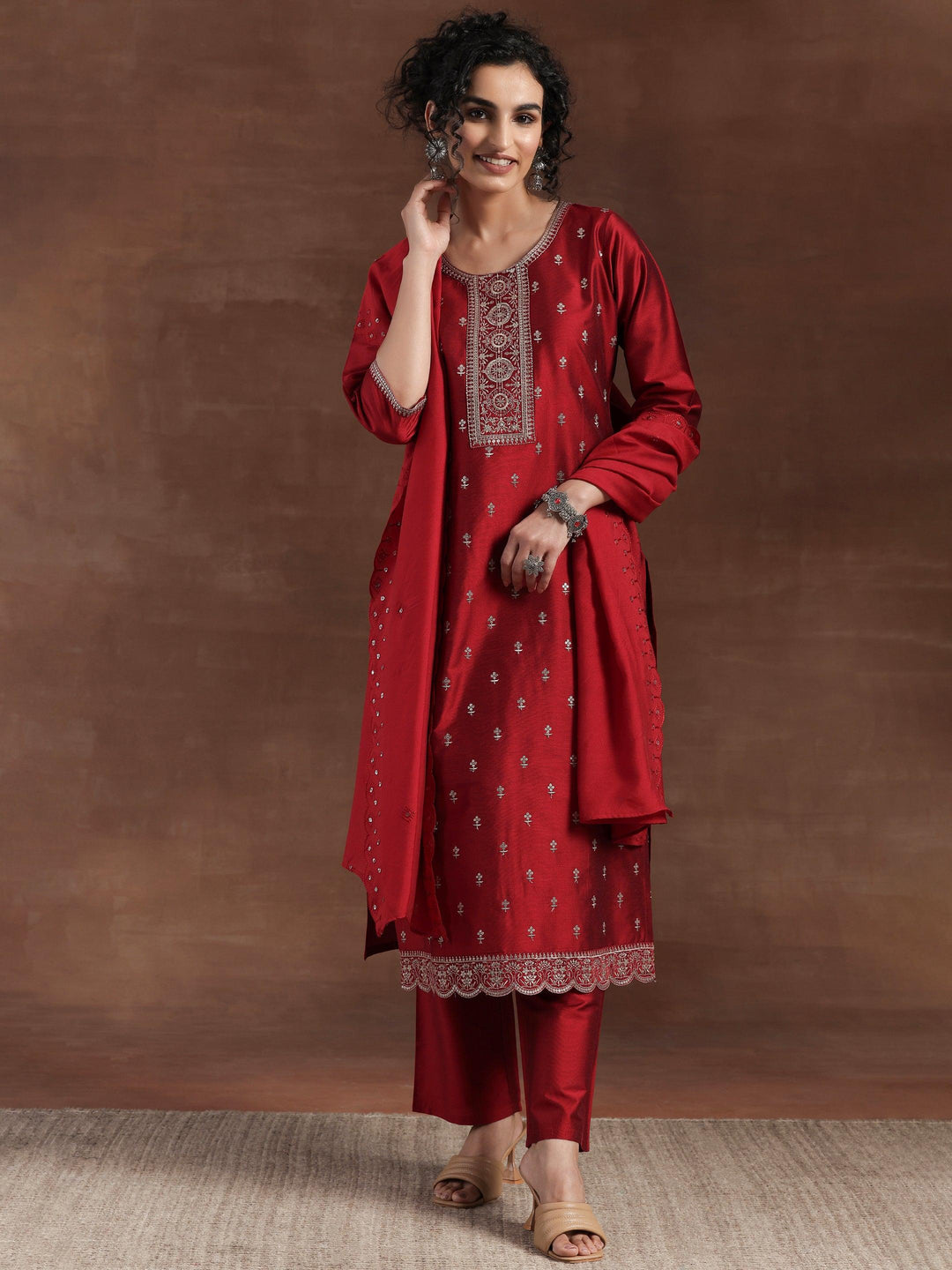 Red Embroidered Silk Blend Straight Suit With Dupatta - Libas 