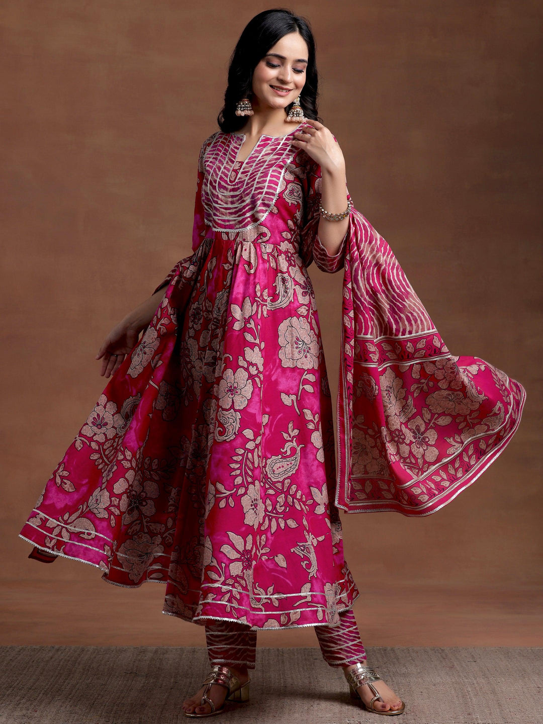 Magenta Printed Cotton Anarkali Suit With Dupatta - Libas 