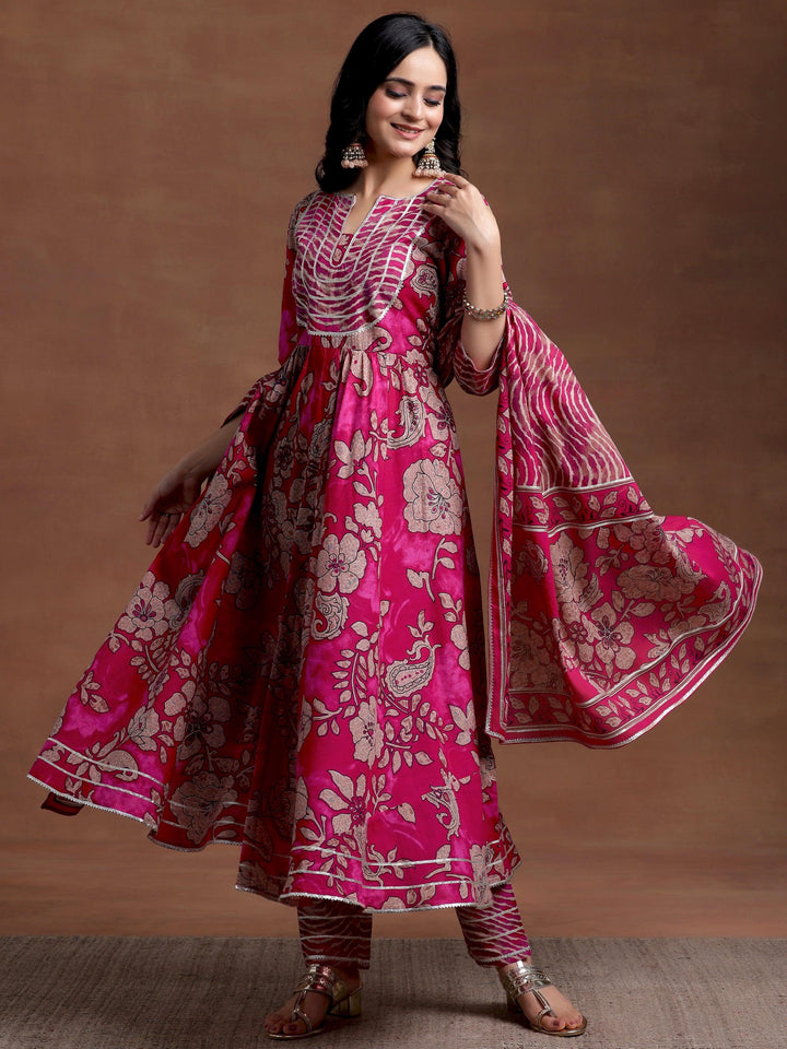 Magenta Printed Cotton Anarkali Suit With Dupatta - Libas